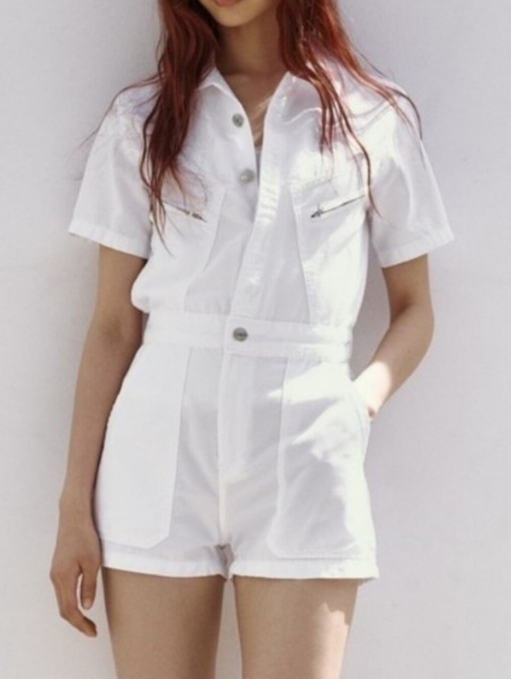 Zara Cotton White Short Sleeve Utility Romper Large